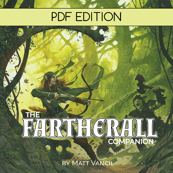 Cover of 'The Fartherall Companion' with a character in a forest setting, labeled as PDF edition.