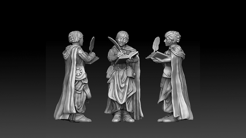 Three medieval-style figurines holding books and a sword on a black background