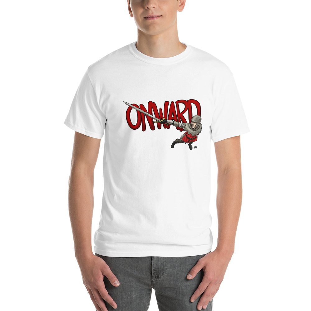 Person wearing a white t-shirt with 'Onward' graphic design on a white background
